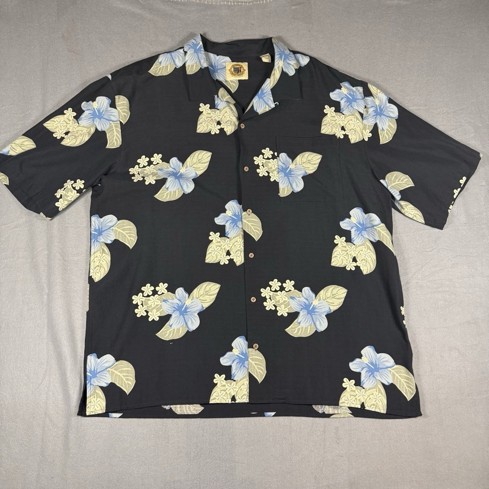 Pusser's West Indies Hawaiian Shirt Mens XL Silk Blend Floral‎ Aloha Black